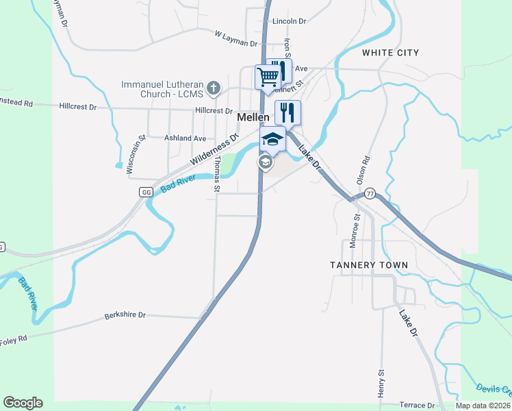 map of restaurants, bars, coffee shops, grocery stores, and more near 120 Jefferson Avenue in Mellen
