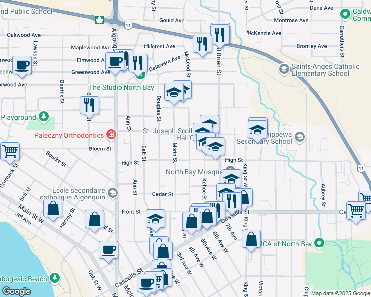 map of restaurants, bars, coffee shops, grocery stores, and more near 643 McLeod Street in North Bay
