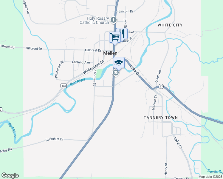 map of restaurants, bars, coffee shops, grocery stores, and more near 120 Jefferson Avenue in Mellen