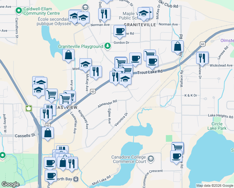map of restaurants, bars, coffee shops, grocery stores, and more near 26 Romeo Court in North Bay