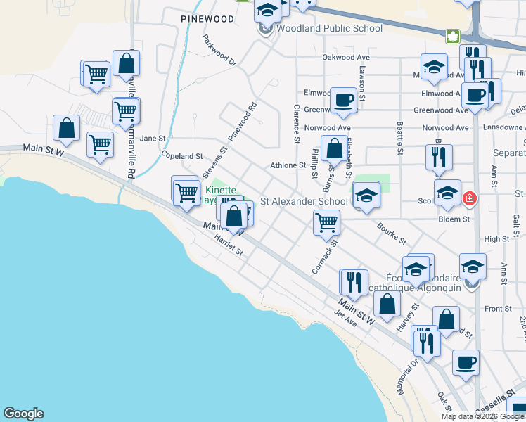 map of restaurants, bars, coffee shops, grocery stores, and more near 1254 McIntyre Street West in North Bay