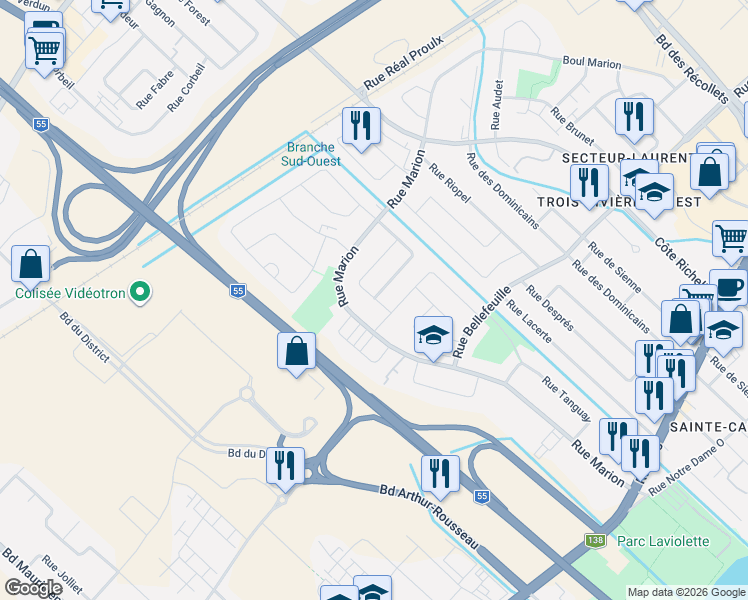 map of restaurants, bars, coffee shops, grocery stores, and more near 750 Rue Sabourin in Trois-Rivières