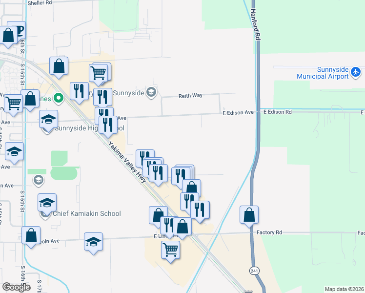 map of restaurants, bars, coffee shops, grocery stores, and more near 2845 East Edison Road in Sunnyside
