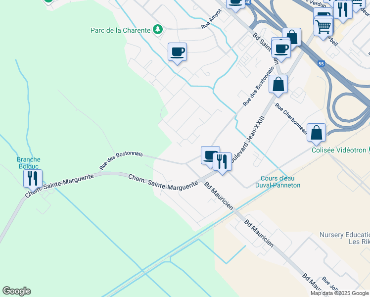 map of restaurants, bars, coffee shops, grocery stores, and more near 2500 Rue de la Garonne in Trois-Riviã¨Res