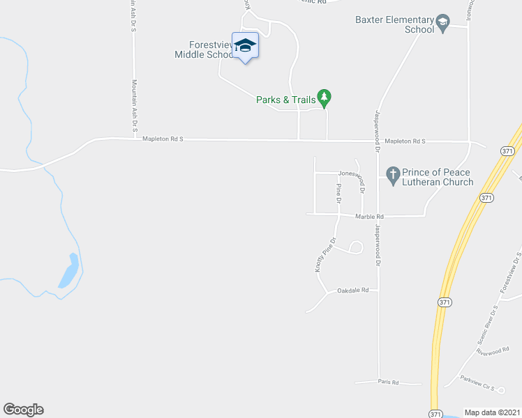 map of restaurants, bars, coffee shops, grocery stores, and more near 5895 Mapleton Road South in Baxter