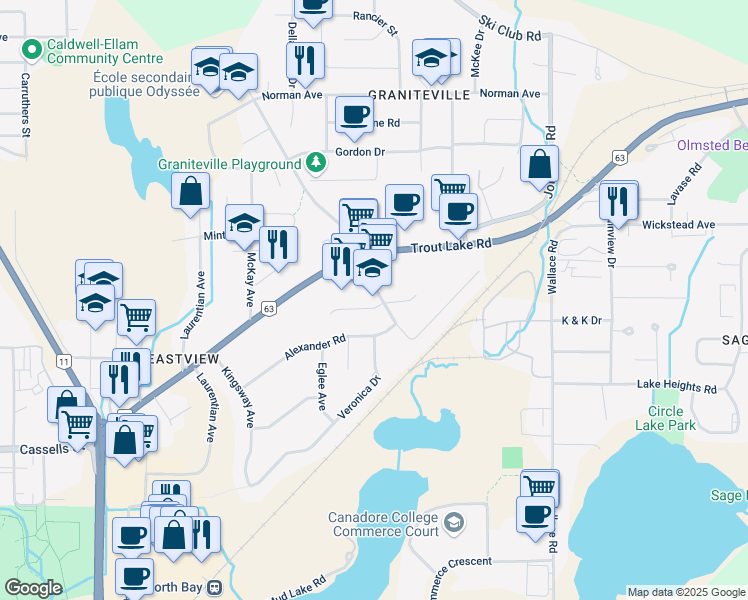 map of restaurants, bars, coffee shops, grocery stores, and more near 2628 Connaught Avenue in North Bay