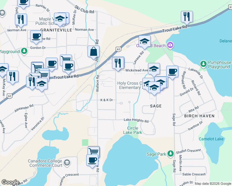 map of restaurants, bars, coffee shops, grocery stores, and more near Michener Drive in North Bay