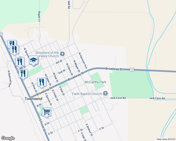 map of restaurants, bars, coffee shops, grocery stores, and more near 901 Broadway Street in Townsend