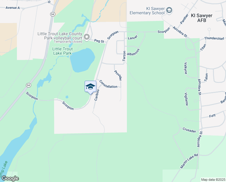 map of restaurants, bars, coffee shops, grocery stores, and more near 110 Constellation in K. I. Sawyer