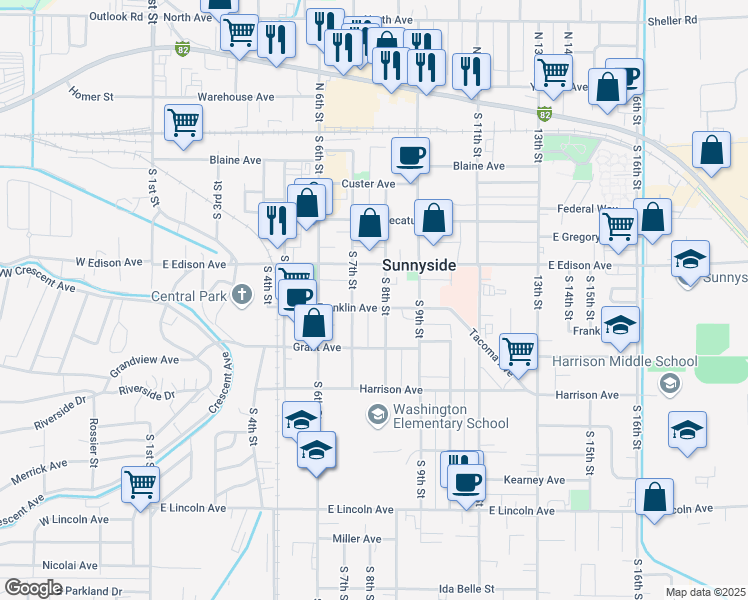 map of restaurants, bars, coffee shops, grocery stores, and more near 718 Franklin Avenue in Sunnyside