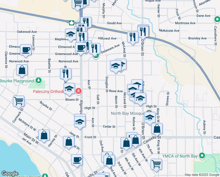map of restaurants, bars, coffee shops, grocery stores, and more near 730 Rose Avenue in North Bay