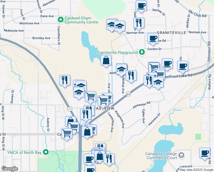 map of restaurants, bars, coffee shops, grocery stores, and more near 649 Laurentian Avenue in North Bay