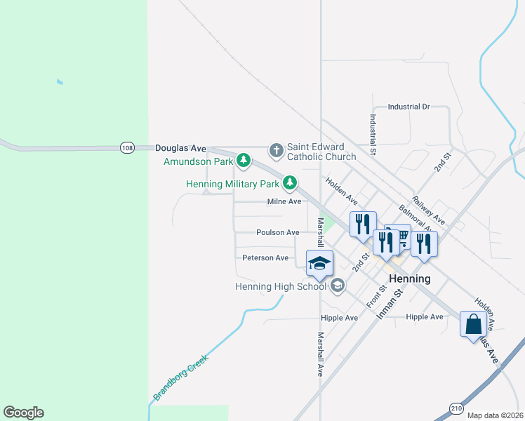 map of restaurants, bars, coffee shops, grocery stores, and more near 106 Milne Avenue in Henning