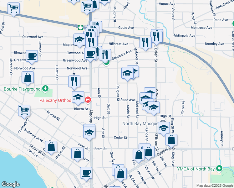 map of restaurants, bars, coffee shops, grocery stores, and more near 730 Rose Avenue in North Bay