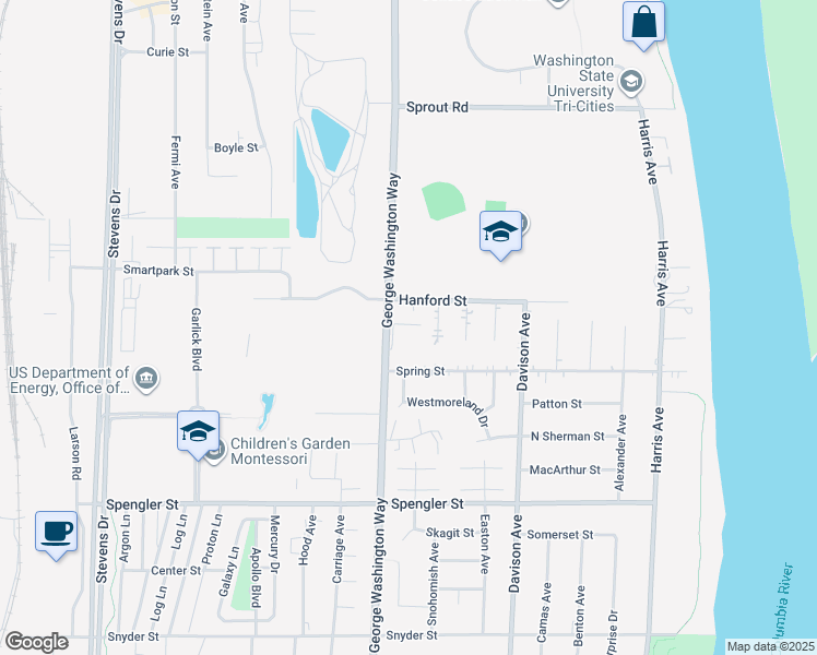 map of restaurants, bars, coffee shops, grocery stores, and more near 2500 George Washington Way in Richland