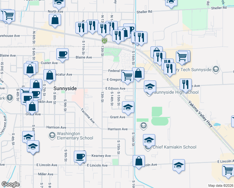 map of restaurants, bars, coffee shops, grocery stores, and more near 523 S 15th St in Sunnyside