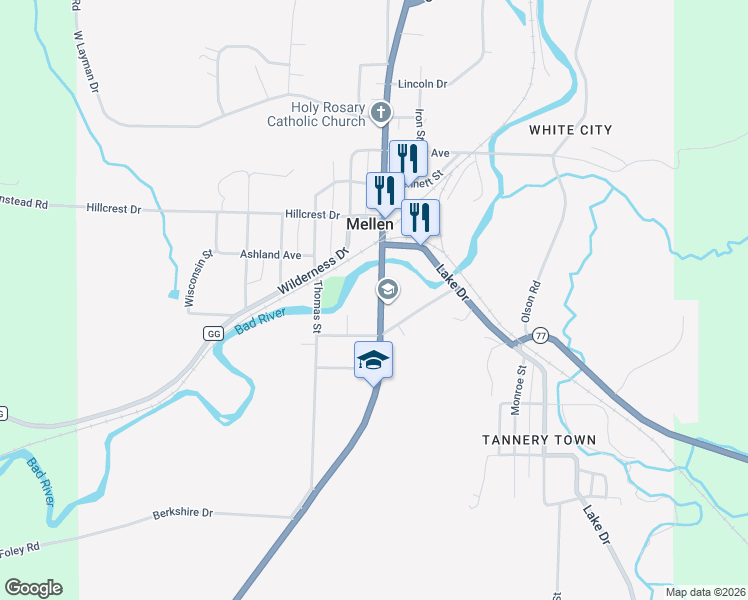 map of restaurants, bars, coffee shops, grocery stores, and more near 430 South West Street in Mellen