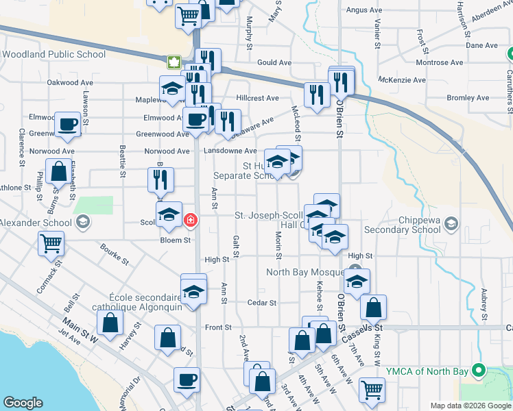 map of restaurants, bars, coffee shops, grocery stores, and more near Douglas Street in North Bay