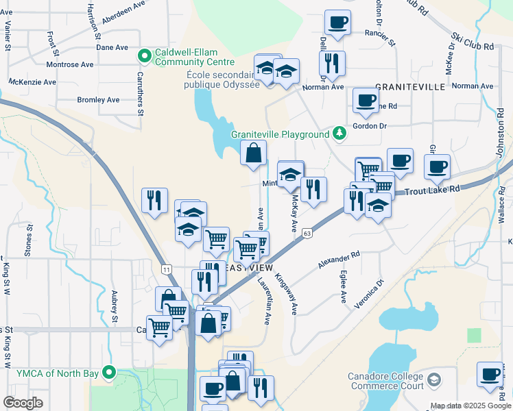 map of restaurants, bars, coffee shops, grocery stores, and more near 649 Laurentian Avenue in North Bay