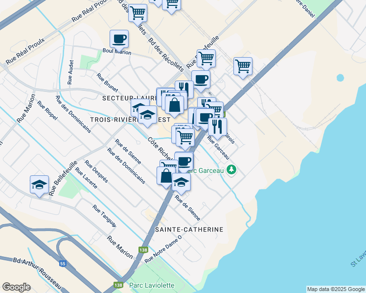 map of restaurants, bars, coffee shops, grocery stores, and more near 4680 Boulevard Gene-H.-Kruger in Trois-Rivières