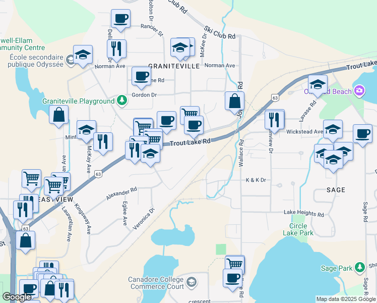 map of restaurants, bars, coffee shops, grocery stores, and more near 45 Perut Place in North Bay
