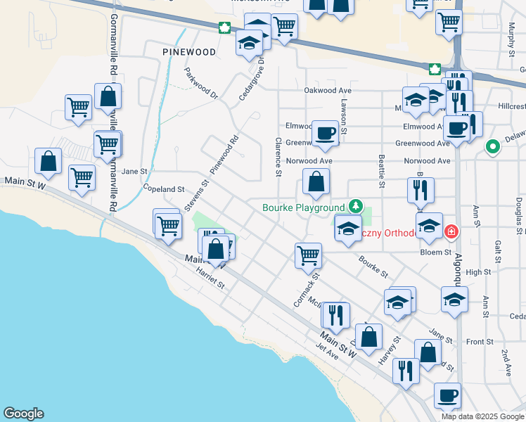 map of restaurants, bars, coffee shops, grocery stores, and more near 1306 Jane Street in North Bay