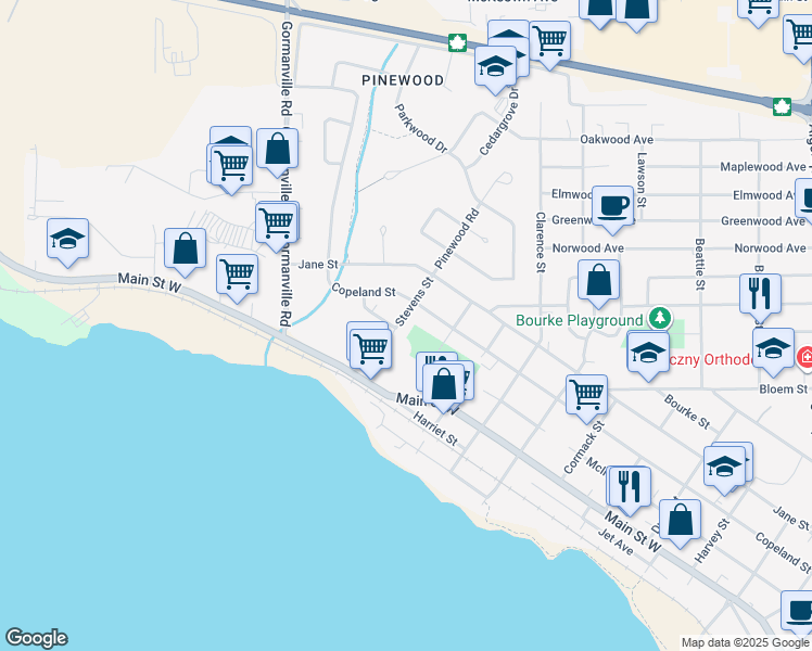 map of restaurants, bars, coffee shops, grocery stores, and more near 419 Stevens Street in North Bay