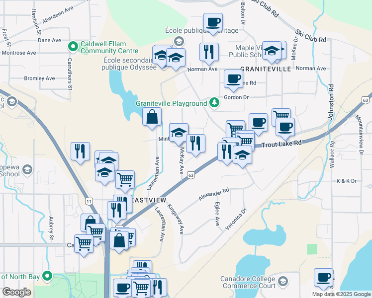 map of restaurants, bars, coffee shops, grocery stores, and more near 2503 Eastview Crescent in North Bay