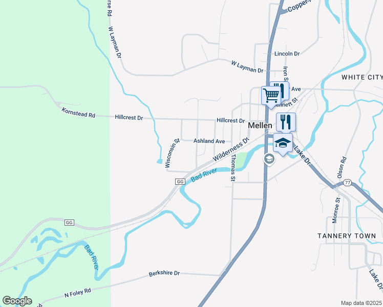 map of restaurants, bars, coffee shops, grocery stores, and more near 220 Prospect Street in Mellen