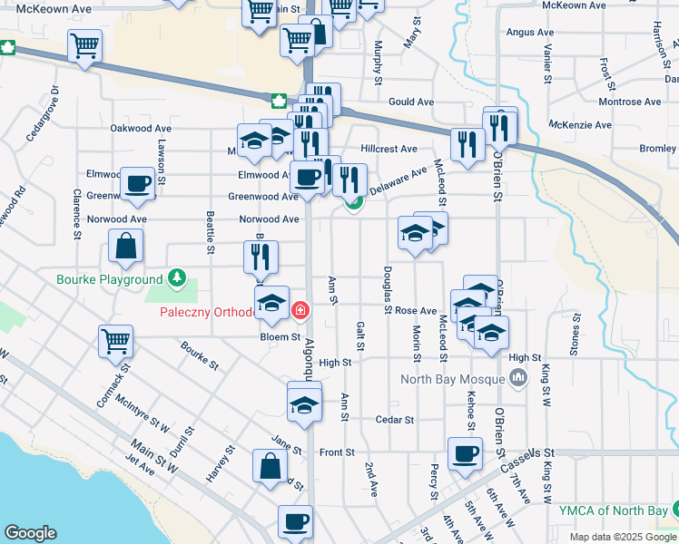 map of restaurants, bars, coffee shops, grocery stores, and more near 608 Lorne Avenue in North Bay