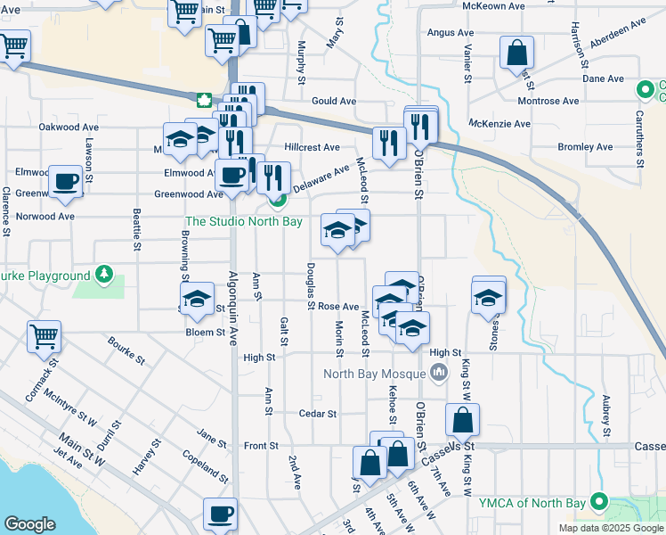 map of restaurants, bars, coffee shops, grocery stores, and more near 887 Morin Street in North Bay