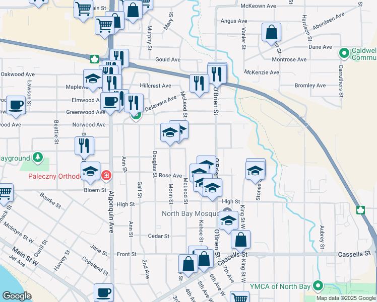 map of restaurants, bars, coffee shops, grocery stores, and more near 890 McLeod Street in North Bay