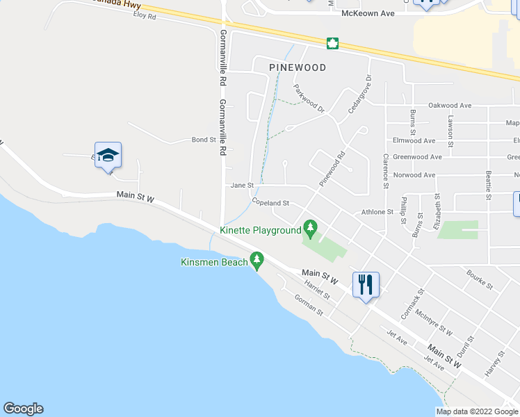map of restaurants, bars, coffee shops, grocery stores, and more near 1643 Copeland Street in North Bay