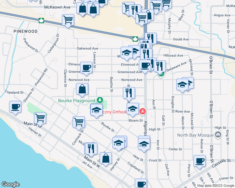 map of restaurants, bars, coffee shops, grocery stores, and more near in North Bay