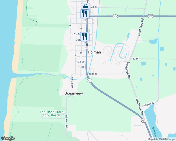 map of restaurants, bars, coffee shops, grocery stores, and more near 3012 Pacific Way in Seaview
