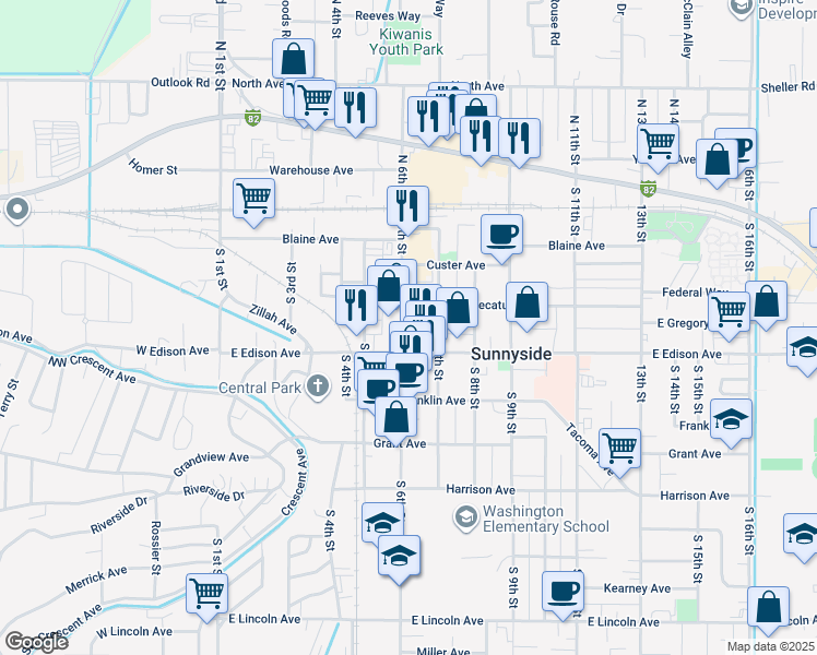 map of restaurants, bars, coffee shops, grocery stores, and more near 401 S 7th St in Sunnyside