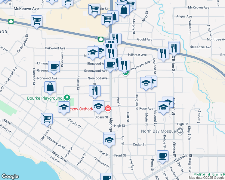 map of restaurants, bars, coffee shops, grocery stores, and more near 944 Algonquin Avenue in North Bay