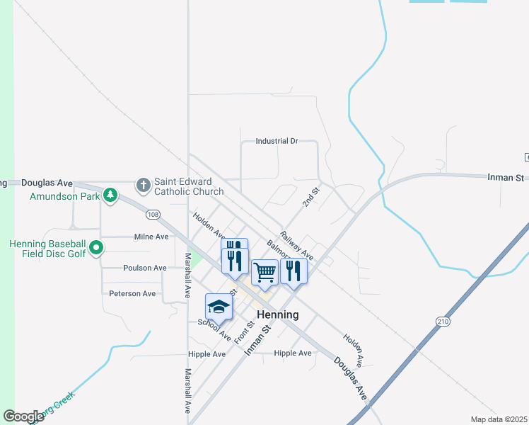 map of restaurants, bars, coffee shops, grocery stores, and more near 403 Railway Avenue in Henning