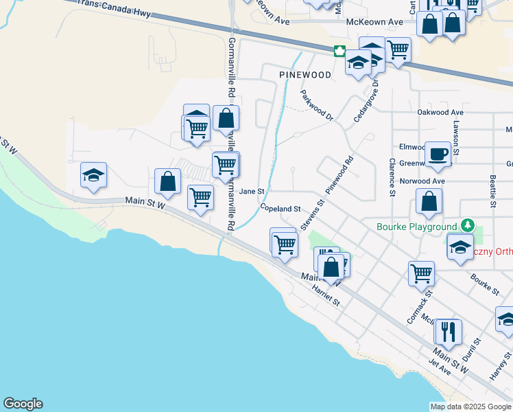 map of restaurants, bars, coffee shops, grocery stores, and more near 1643 Copeland Street in North Bay