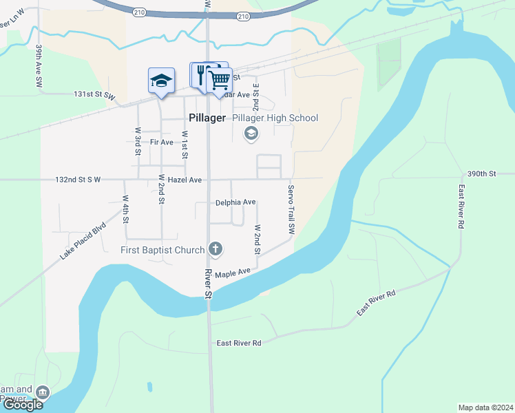 map of restaurants, bars, coffee shops, grocery stores, and more near Virgil Avenue in Pillager