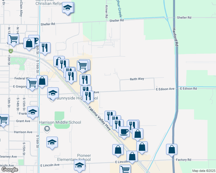 map of restaurants, bars, coffee shops, grocery stores, and more near 2400 East Edison Avenue in Sunnyside