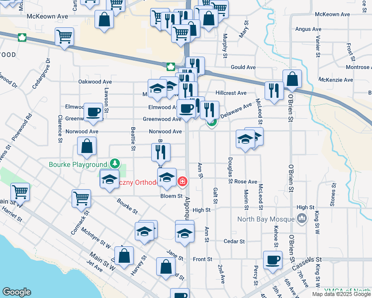map of restaurants, bars, coffee shops, grocery stores, and more near in North Bay