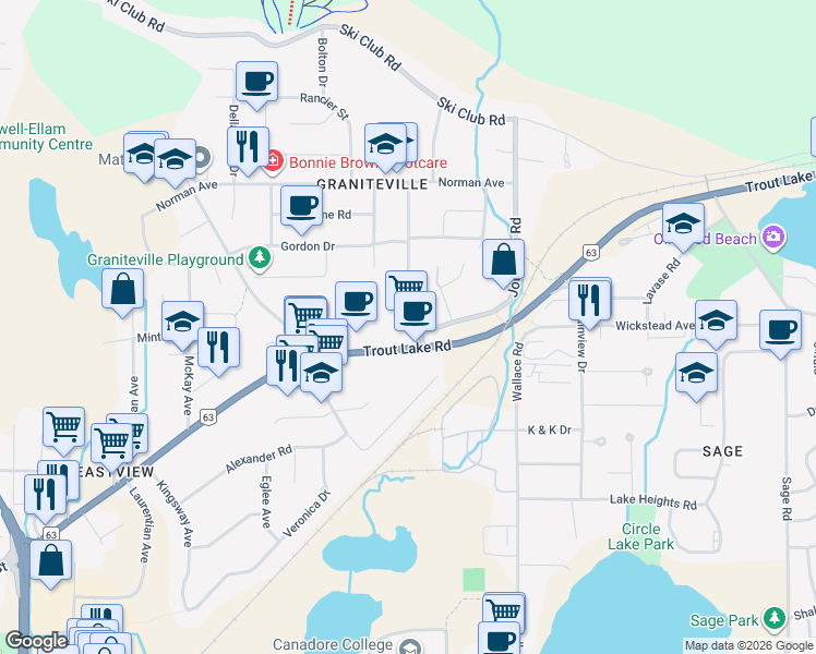map of restaurants, bars, coffee shops, grocery stores, and more near 105 Giroux Street in North Bay