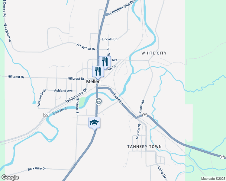 map of restaurants, bars, coffee shops, grocery stores, and more near 351 Lake Drive in Mellen