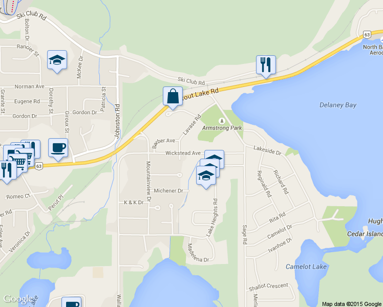 map of restaurants, bars, coffee shops, grocery stores, and more near 376 Wickstead Avenue in North Bay