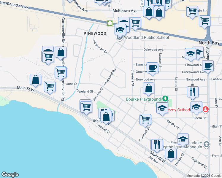 map of restaurants, bars, coffee shops, grocery stores, and more near 1440 Jane Street in North Bay