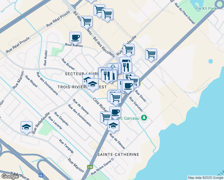 map of restaurants, bars, coffee shops, grocery stores, and more near 4680 Boulevard Gene-H.-Kruger in Trois-Rivières