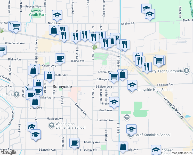 map of restaurants, bars, coffee shops, grocery stores, and more near 412 13th Street in Sunnyside