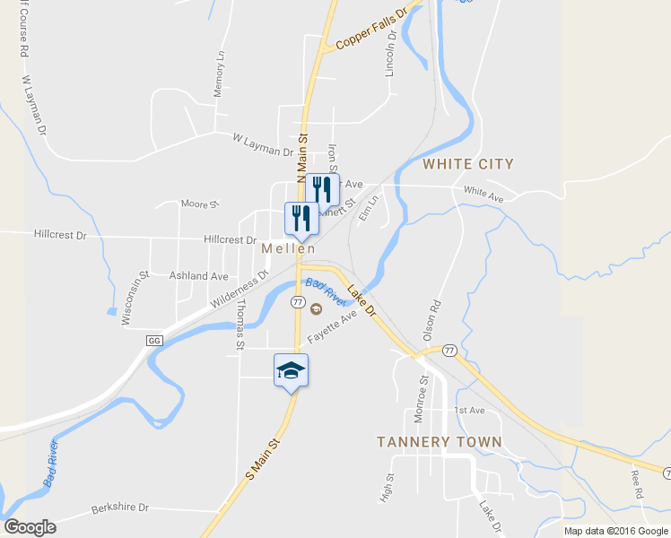 map of restaurants, bars, coffee shops, grocery stores, and more near 351 Lake Dr in Mellen