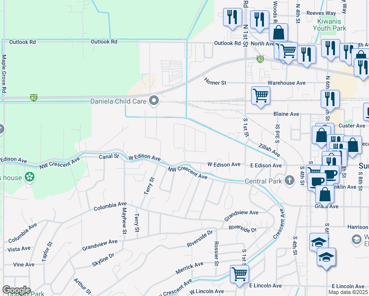 map of restaurants, bars, coffee shops, grocery stores, and more near Maple Ave in Sunnyside